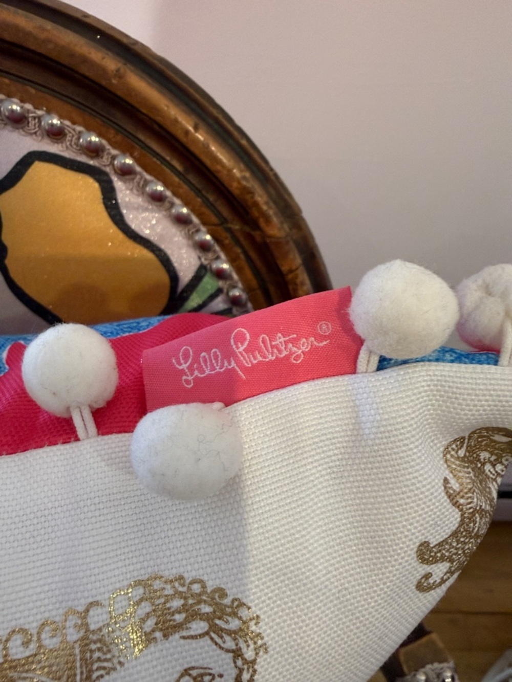 Lilly Pulitzer Pink Pillow with Blue Seahorse Motif and pompon fringe - Picture 7 of 7